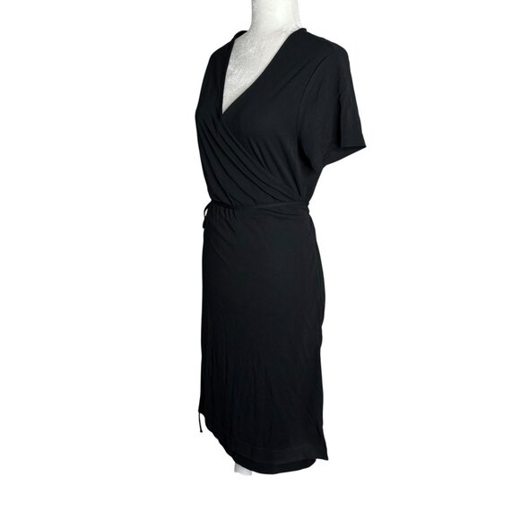 Gap Factory Full Wrap Dress Large Black Short Sleeve Tie Waist Rayon Stretch - Picture 3 of 7